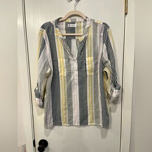 Carve Designs Women Large Organic Cotton Striped Henley Popover Roll Tab Sleeves